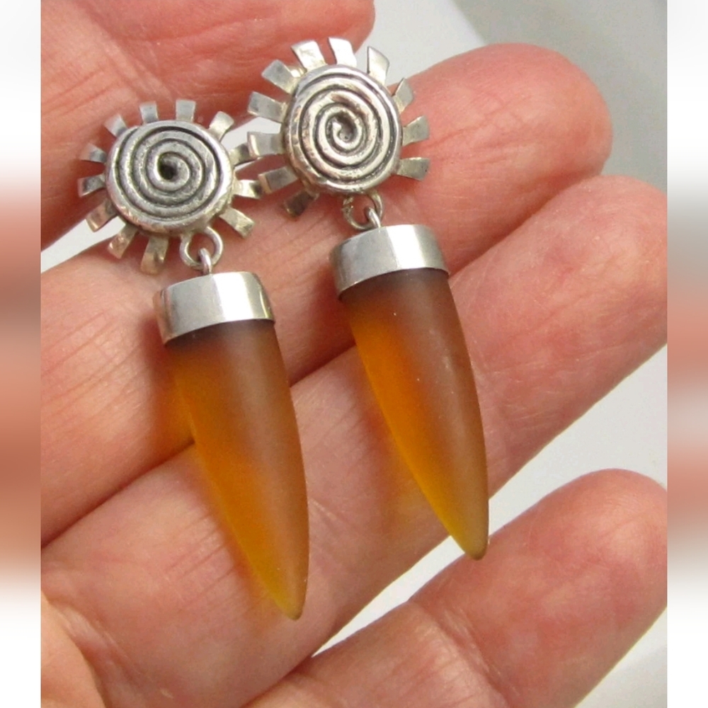 Vintage Rare Elegant Sterling Silver Swirl Sun Amber Color Beach Glass Long